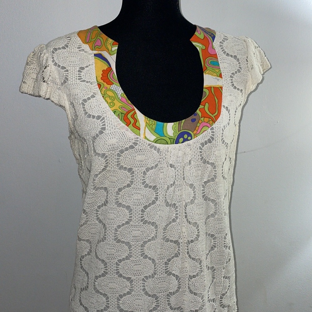 Trina Turk Cream Crochet Coverup with Multicolor Floral Neckline